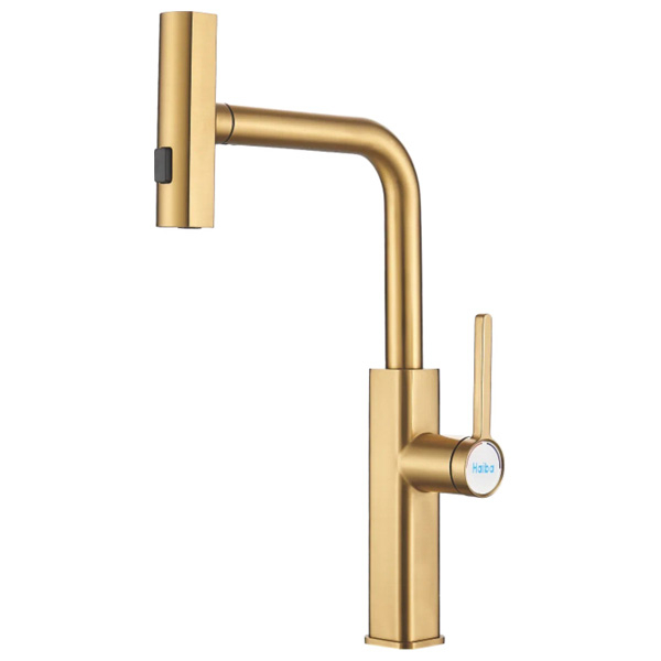 Смеситель для кухни Haiba HB73824-5 однорукояточный, с выдвижным 3-х режимным изливом, золотой