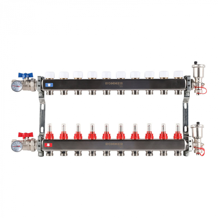 Коллекторная группа Rommer RMS-1210-000010 1"-3/4"EK×10 с расходомерами, воздухоотводчиками, шаровыми кранами