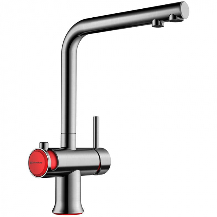 Смеситель для кухни Omoikiri HOTARU-R однорукояточный, с переключателем на фильтр, вороненая сталь/красный