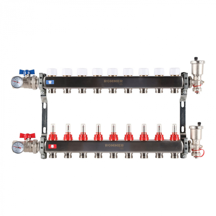 Коллекторная группа Rommer RMS-1210-000009 1"-3/4"EK×09 с расходомерами, воздухоотводчиками, шаровыми кранами