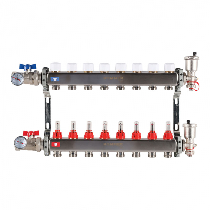 Коллекторная группа Rommer RMS-1210-000008 1"-3/4"EK×08 с расходомерами, воздухоотводчиками, шаровыми кранами