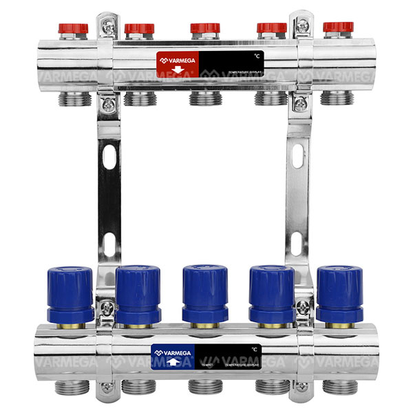 Коллекторная группа Varmega VM15405 1"-3/4"EK×05 никелированная латунь, с расходомерами