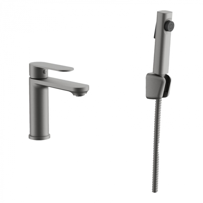 Смеситель для раковины BELZ B12713-3 однорукояточный, с гигиеническим душем, оружейная сталь