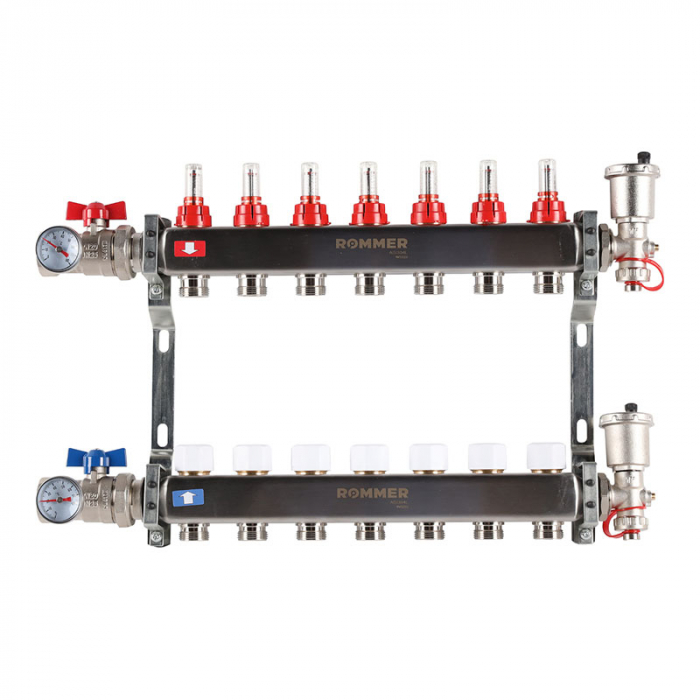 Коллекторная группа Rommer RMS-1210-000007 1"-3/4"EK×07 с расходомерами, воздухоотводчиками, шаровыми кранами