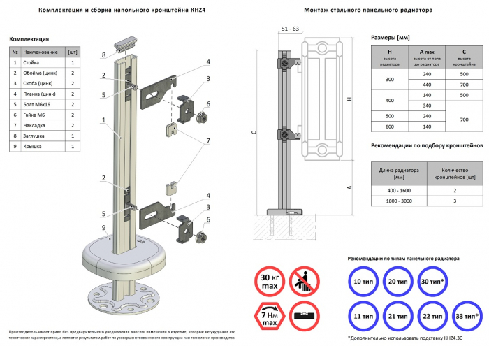 Кронштейн для стальных панельных радиаторов напольный КНZ4.50