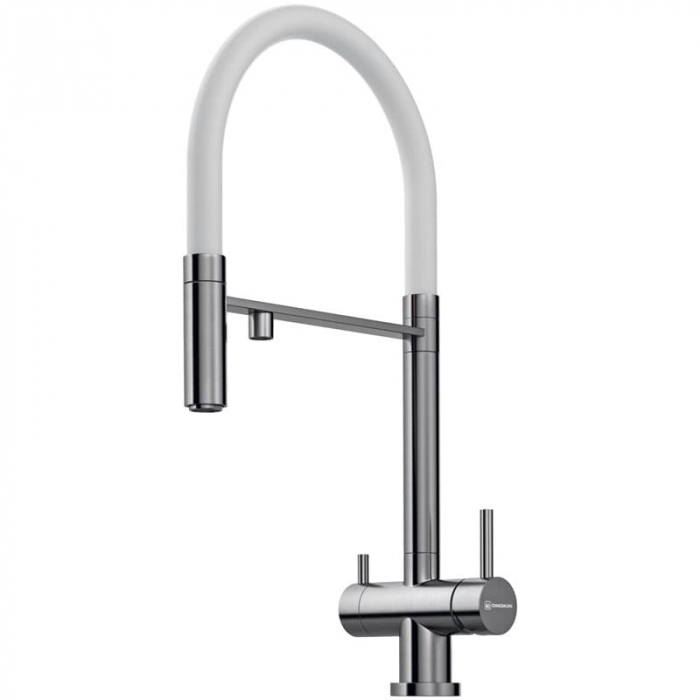 Смеситель для кухни Omoikiri KANTO-BN-WH однорукояточный, с переключателем на фильтр, нержавеющая сталь/белый гибкий шланг