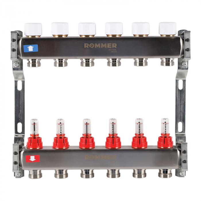 Коллекторная группа Rommer RMS-1200-000006 1"-3/4"EK×06 с расходомерами