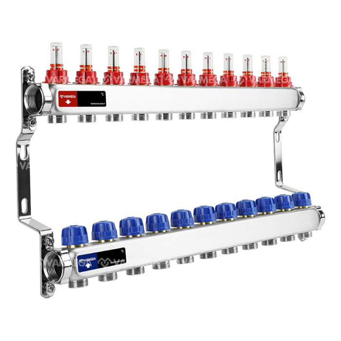 Коллекторная группа Varmega VM15111 1"-3/4"EK×11 нержавеющая сталь, с расходомерами