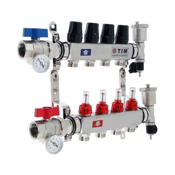 Коллекторная группа TIM KAS5011 1"-3/4"EK×11 с расходомерами, воздухоотводчиками, шаровыми кранами