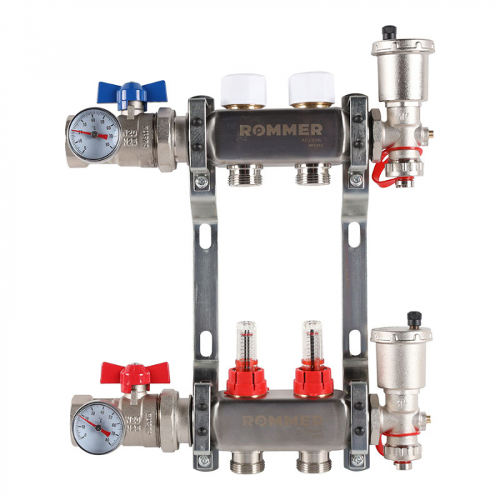 Коллекторная группа Rommer RMS-1210-000002 1"-3/4"EK×02 с расходомерами, воздухоотводчиками, шаровыми кранами