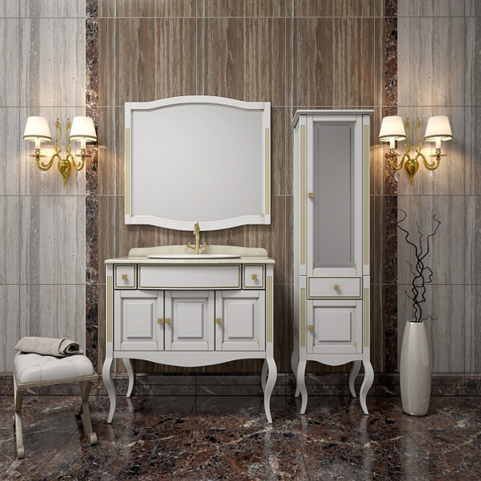 Комплект мебели для ванной комнаты Opadiris ЛАУРА 100, белый матовый с бежевой патиной
