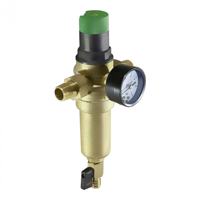 Фильтр самопромывной с редуктором давления TIM JH-1007 DN15 (1/2") 100 мкм, 70 °C, со сливным краном и манометром