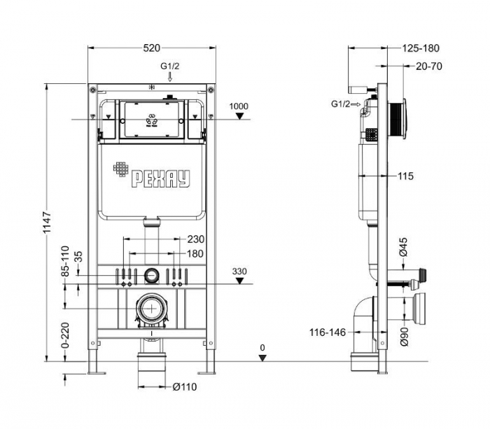 Комплект инсталляции РЕХАУ NOVAFLOW с панелью смыва NOVA ELLIPSE 001 с овальными клавишами, пластик, черный, матовый