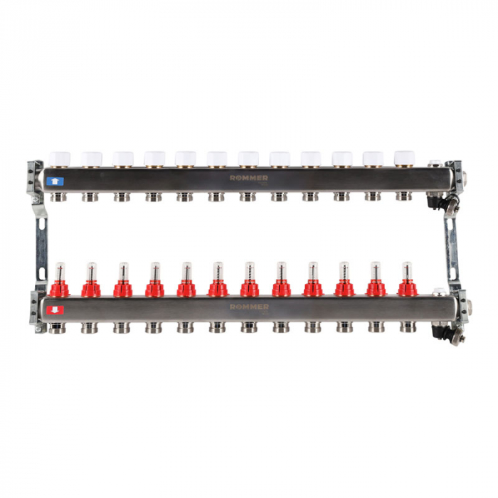 Коллекторная группа Rommer RMS-1201-000012 1"-3/4"EK×12 с расходомерами, воздухоотводчиками