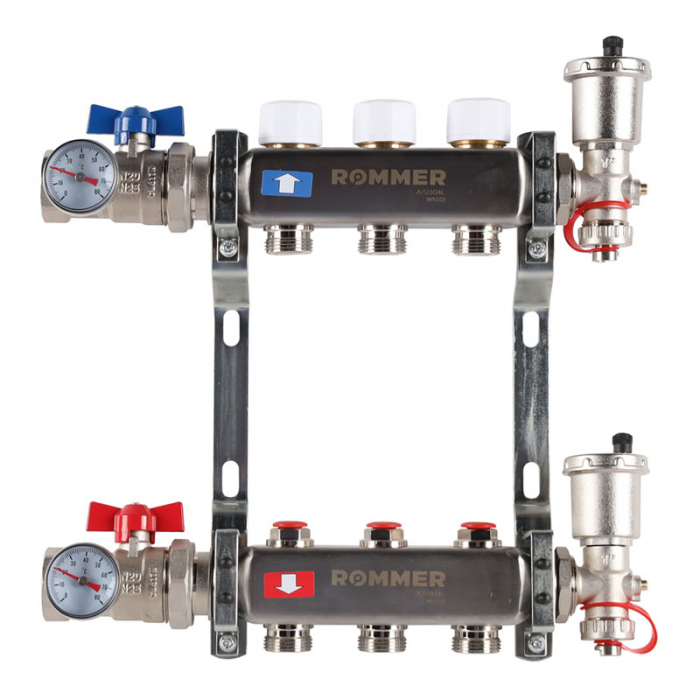 Коллекторная группа Rommer RMS-3210-000003 1"-3/4"EK×03 с запорными клапанами, воздухоотводчиками, шаровыми кранами