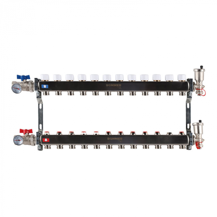 Коллекторная группа Rommer RMS-3210-000012 1"-3/4"EK×12 с запорными клапанами, воздухоотводчиками, шаровыми кранами