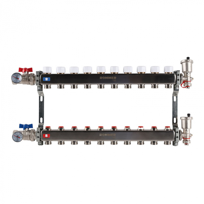 Коллекторная группа Rommer RMS-3210-000010 1"-3/4"EK×10 с запорными клапанами, воздухоотводчиками, шаровыми кранами