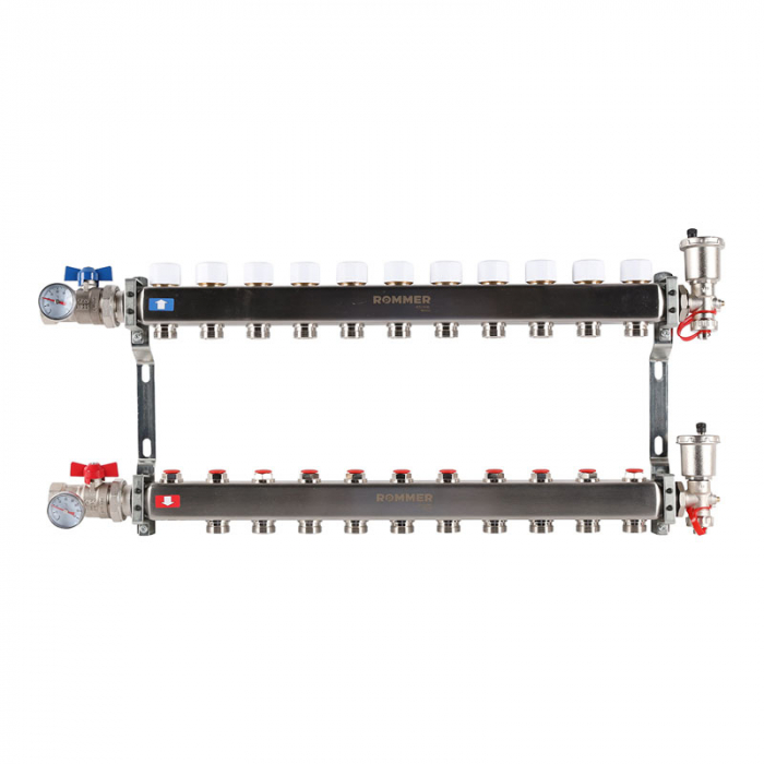 Коллекторная группа Rommer RMS-3210-000011 1"-3/4"EK×11 с запорными клапанами, воздухоотводчиками, шаровыми кранами