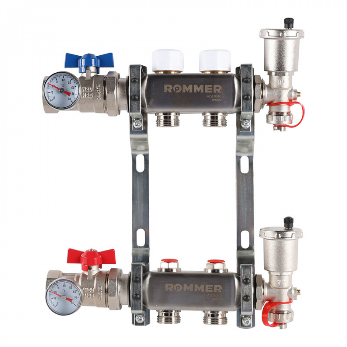 Коллекторная группа Rommer RMS-3210-000002 1"-3/4"EK×02 с запорными клапанами, воздухоотводчиками, шаровыми кранами