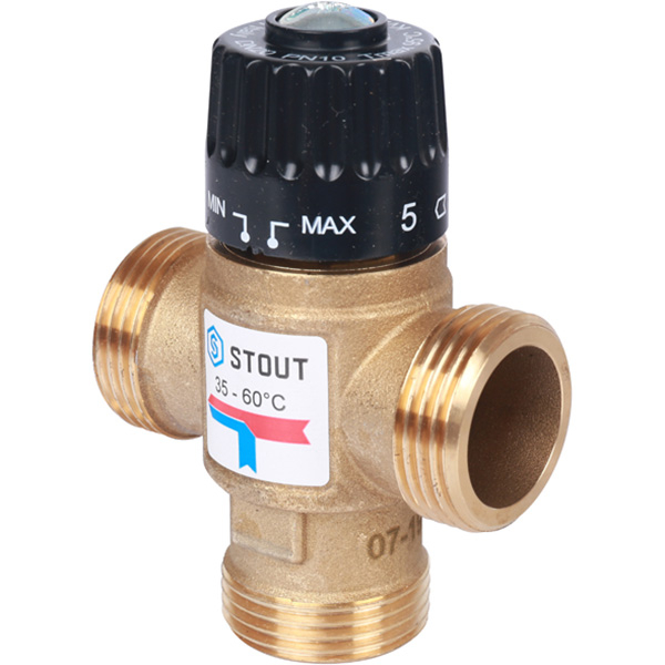 Клапан смесительный термостатический трехходовой Stout SVM-0120 DN25 (1") 35-60 °C, Kvs=1,6 м³/ч, н-н-н, латунь