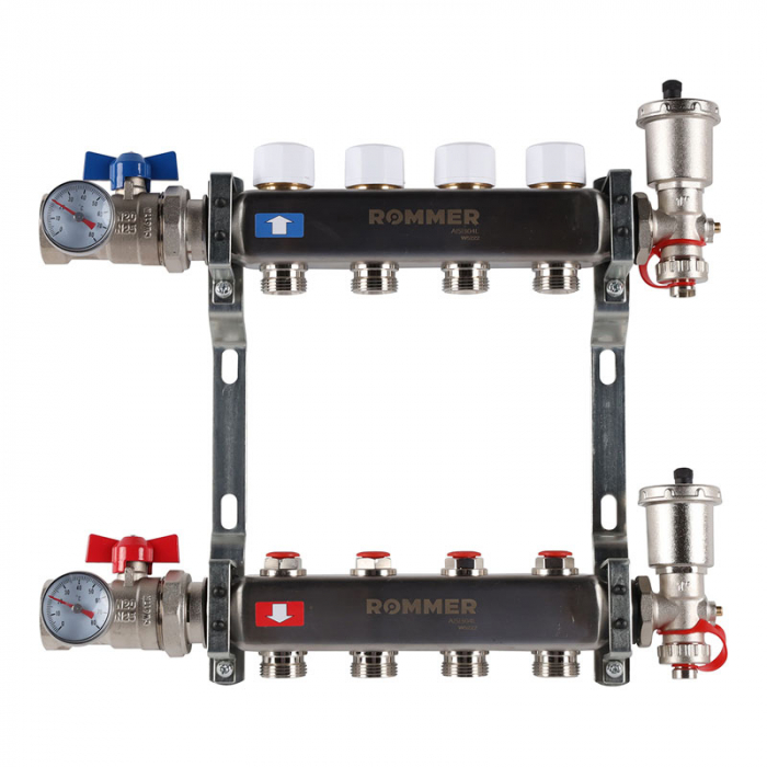 Коллекторная группа Rommer RMS-3210-000004 1"-3/4"EK×04 с запорными клапанами, воздухоотводчиками, шаровыми кранами