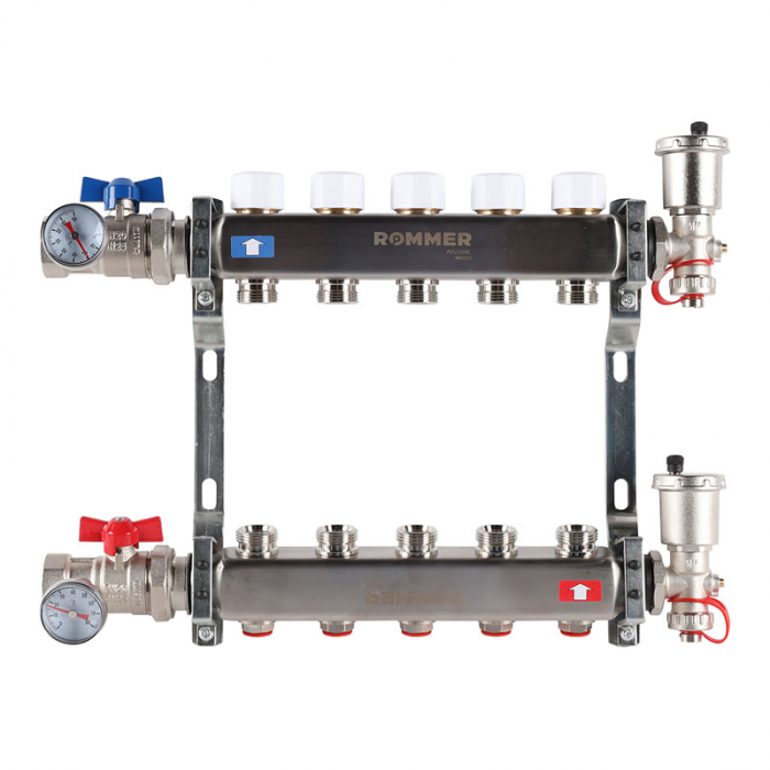 Коллекторная группа Rommer RMS-3210-000005 1"-3/4"EK×05 с запорными клапанами, воздухоотводчиками, шаровыми кранами