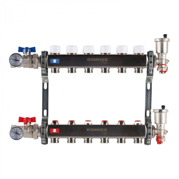 Коллекторная группа Rommer RMS-3210-000006 1"-3/4"EK×06 с запорными клапанами, воздухоотводчиками, шаровыми кранами