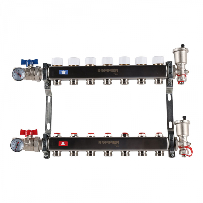 Коллекторная группа Rommer RMS-3210-000007 1"-3/4"EK×07 с запорными клапанами, воздухоотводчиками, шаровыми кранами
