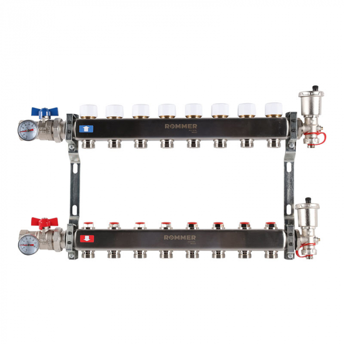 Коллекторная группа Rommer RMS-3210-000008 1"-3/4"EK×08 с запорными клапанами, воздухоотводчиками, шаровыми кранами