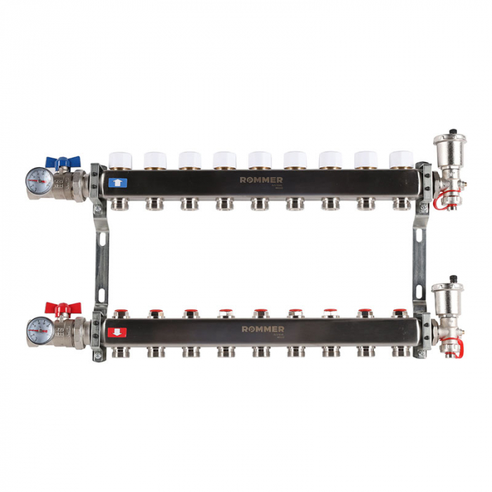 Коллекторная группа Rommer RMS-3210-000009 1"-3/4"EK×09 с запорными клапанами, воздухоотводчиками, шаровыми кранами