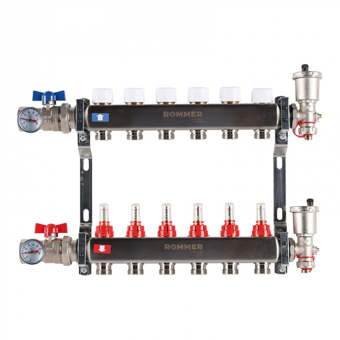 Коллекторная группа Rommer RMS-1210-000006 1"-3/4"EK×06 с расходомерами, воздухоотводчиками, шаровыми кранами