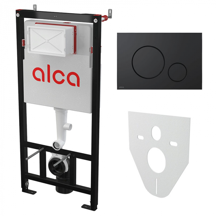 Комплект инсталляции 4 в 1 AlcaDrain AM101/1120+M678+M91 с черной клавишей смыва и шумоизоляцией