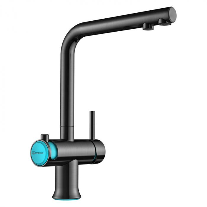 Смеситель для кухни Omoikiri HOTARU-B однорукояточный, с переключателем на фильтр, вороненая сталь/голубой