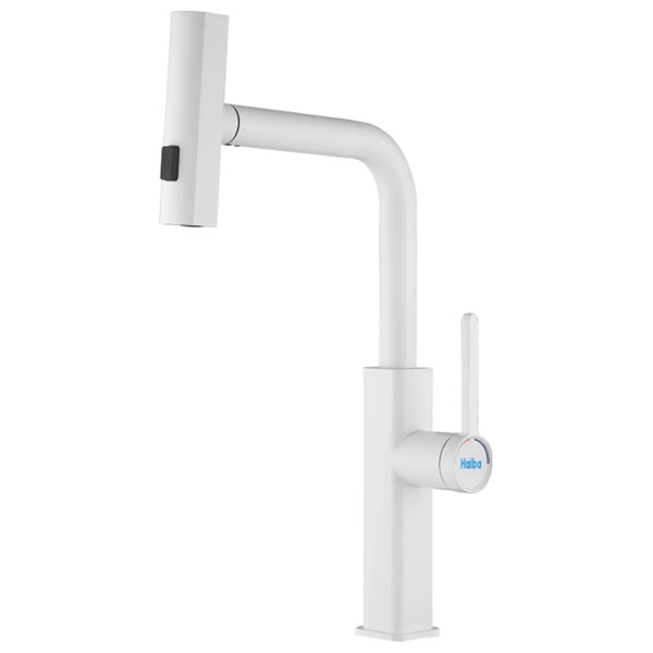 Смеситель для кухни Haiba HB73824-8 однорукояточный, с выдвижным 3-х режимным изливом, белый