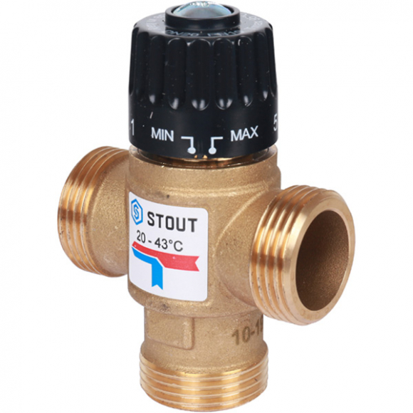 Клапан смесительный термостатический трехходовой Stout SVM-0120 DN25 (1") 20-43 °C, Kvs=2,5 м³/ч, н-н-н, латунь