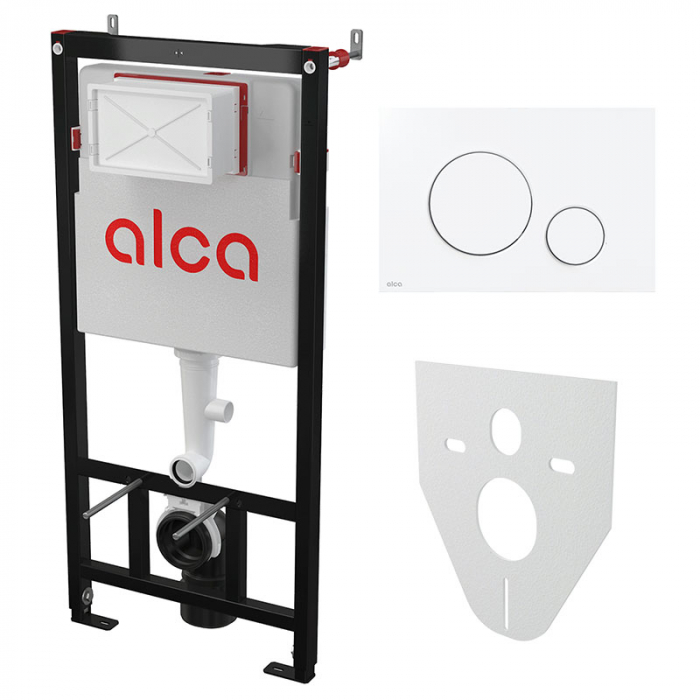 Комплект инсталляции 4 в 1 AlcaDrain AM101/1120+M670+M91 с белой клавишей смыва и шумоизоляцией