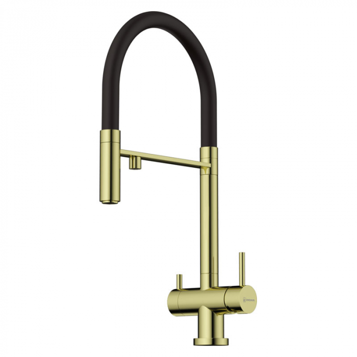 Смеситель для кухни Omoikiri KANTO PVD LG однорукояточный, с переключателем на фильтр, светлое золото/черный гибкий шланг