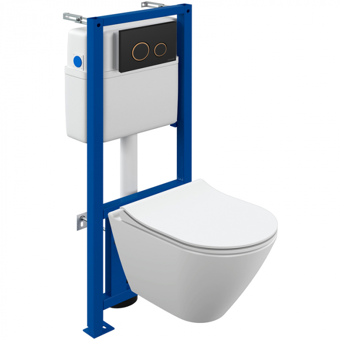 Комплект Cersanit инсталляция LINK PRO с подвесным унитазом CITY SMART CO DPL EO slim + кнопка TWINS пластик черный матовый с рамкой золото LP