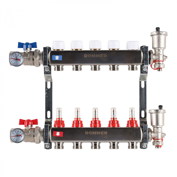 Коллекторная группа Rommer RMS-1210-000005 1"-3/4"EK×05 с расходомерами, воздухоотводчиками, шаровыми кранами