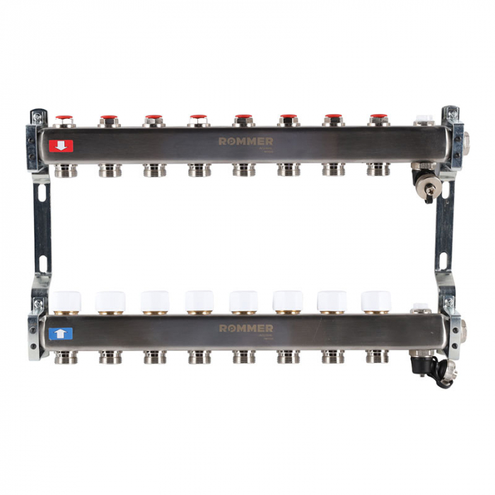 Коллекторная группа Rommer RMS-3201-000008 1"-3/4"EK×08 с запорными клапанами, воздухоотводчиками