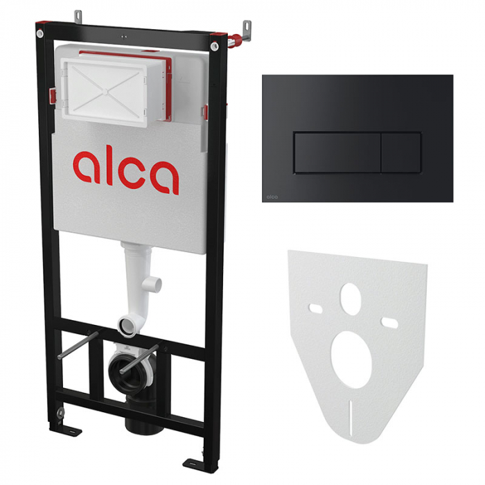 Комплект инсталляции 4 в 1 AlcaDrain AM101/1120+M578+M91 с черной клавишей смыва и шумоизоляцией