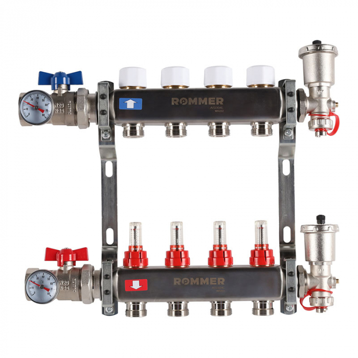 Коллекторная группа Rommer RMS-1210-000004 1"-3/4"EK×04 с расходомерами, воздухоотводчиками, шаровыми кранами