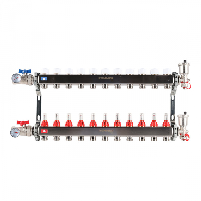 Коллекторная группа Rommer RMS-1210-000011 1"-3/4"EK×11 с расходомерами, воздухоотводчиками, шаровыми кранами