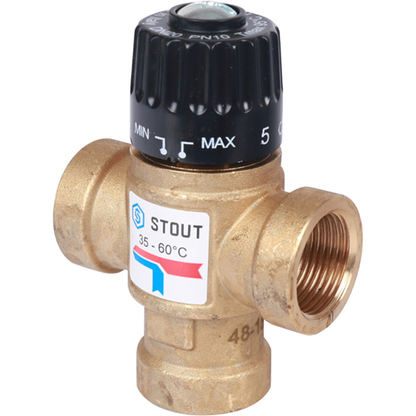 Клапан смесительный термостатический трехходовой Stout SVM-0110 DN20 (3/4") 35-60 °C, Kvs=1,6 м³/ч, в-в-в, латунь