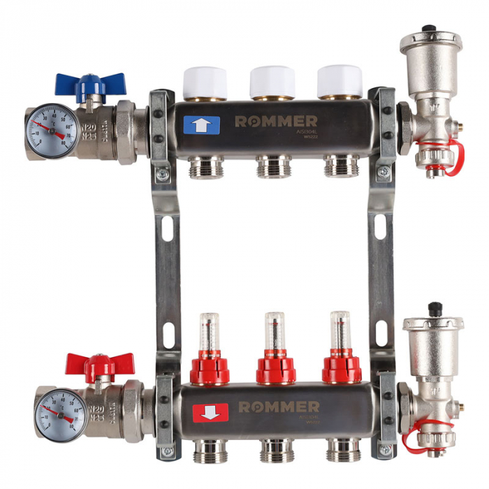 Коллекторная группа Rommer RMS-1210-000003 1"-3/4"EK×03 с расходомерами, воздухоотводчиками, шаровыми кранами